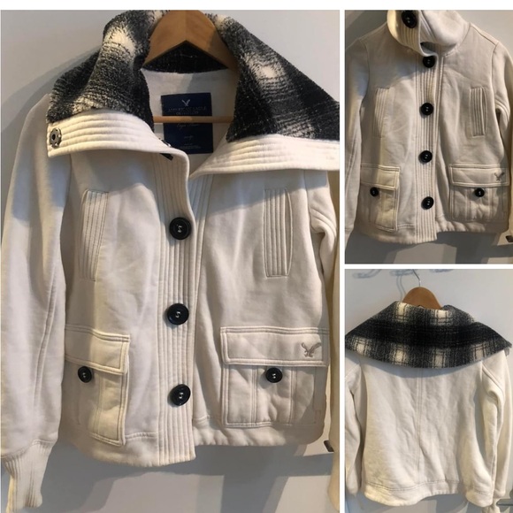 American Eagle Outfitters Jackets & Blazers - American Eagle Outfitters Cream Bomber Jacket with Black Plaid Collar